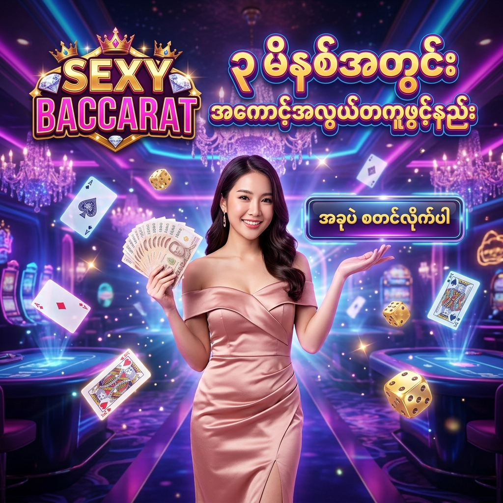 Sexy Baccarat အွန်လိုင်း ကာစီနို တွင် ၃ မိနစ်အတွင်း အကောင့် အလွယ်တကူ ဖွင့်လှစ်နိုင်ပုံ လမ်းညွှန်ချက်အတွက် အထူး ဖန်တီးထားသော ဆွဲဆောင်မှု ရှိသည့် ကြော်ငြာ ဓာတ်ပုံ ဖြစ်ပြီး၊ နှင်းဆီရွှေရောင် ပိုးဖဲဂါဝန်ကို ဝတ်ဆင်ထားသော လှပသည့် အာရှ အမျိုးသမီး တင်ဆက်သူ တစ်ဦး က ထိုင်းဘတ်ငွေ များကို ကိုင်ဆောင်ကာ မြန်မာ ကစားသမား များ အတွက် '၃ မိနစ်အတွင်း အကောင့်အလွယ်တကူဖွင့်နည်း' ဟူသော စာသား ဖြင့် ဖိတ်ခေါ် နေပုံကို ဖော်ပြထားသည်။ ဤ ပုံရိပ် သည် ကစားသမား များ အား စိတ်လှုပ်ရှားဖွယ်ရာ ကာစီနို အတွေ့အကြုံ၊ လွယ်ကူမြန်ဆန်သော အကောင့်ဖွင့်စနစ် နှင့် ထိုင်းဘတ်ငွေ အစစ်အမှန် များကို အနိုင်ရရှိ နိုင်မည့် အခွင့်အရေး များကို ပေးစွမ်း နိုင်ရန် ရည်ရွယ်ပြီး ဆွဲဆောင်မှု ရှိသော အရောင်အသွေး စုံလင်သည့် နောက်ခံ ဒီဇိုင်း ဖြင့် ပုံဖော် ထားပါသည်။