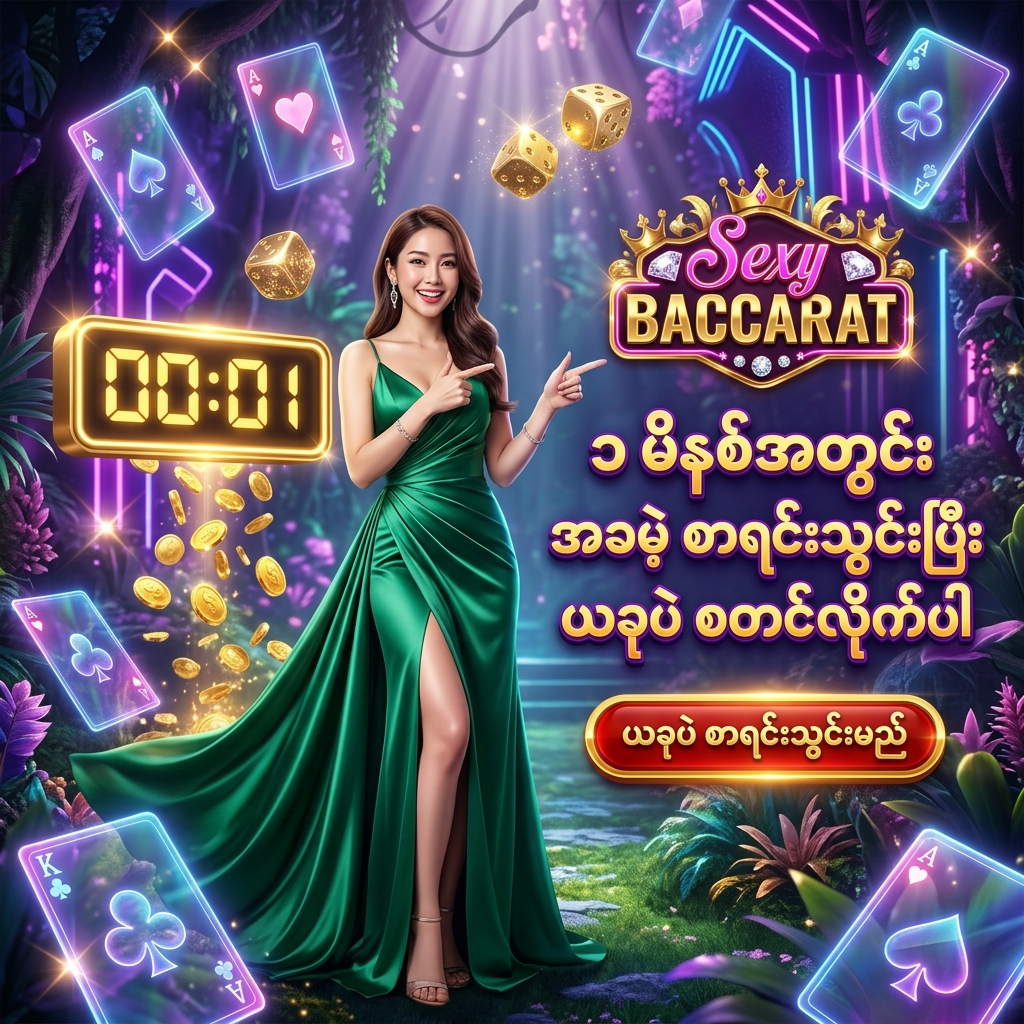 Sexy Baccarat အွန်လိုင်း ကာစီနို တွင် ၁ မိနစ်အတွင်း အခမဲ့ အလွယ်တကူ စာရင်းသွင်းပြီး စတင် ကစားနိုင်ကြောင်း ဖော်ပြရန် အထူး ဖန်တီးထားသော ဆွဲဆောင်မှု ရှိသည့် ကြော်ငြာ ဓာတ်ပုံ ဖြစ်ပြီး၊ မြရောင် ပိုးဖဲဂါဝန်ကို ဝတ်ဆင်ထားသော လှပသည့် အာရှ အမျိုးသမီး တင်ဆက်သူ တစ်ဦး က မြန်မာ ကစားသမား များ အတွက် '၁ မိနစ်အတွင်း အခမဲ့ စာရင်းသွင်းပြီး ယခုပဲ စတင်လိုက်ပါ' ဟူသော စာသား ဖြင့် ဖိတ်ခေါ် နေပုံကို ဖော်ပြထားသည်။ ဤ ပုံရိပ် သည် ကစားသမား အသစ်များ အား လျင်မြန် လွယ်ကူစွာ အကောင့်ဖွင့်ပြီး စိတ်လှုပ်ရှားဖွယ်ရာ ကာစီနို အတွေ့အကြုံများကို ချက်ချင်း စတင် ဖြတ်သန်းနိုင်မည့် အခွင့်အရေး များကို ပေးစွမ်း နိုင်ရန် ရည်ရွယ်ပြီး အိမ်မက်ဆန်သော နောက်ခံ ဒီဇိုင်း ဖြင့် ပုံဖော် ထားပါသည်။