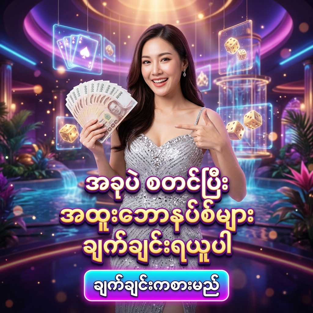 Sexy Baccarat အွန်လိုင်း ကာစီနို တွင် အကောင့်ဖွင့်ပြီး အကောင်းဆုံး ဘာကာရတ် အတွေ့အကြုံနှင့် အထူးဘောနပ်စ်များကို ချက်ချင်း ရယူနိုင်ရန် ဖိတ်ခေါ်ထားသော ဆွဲဆောင်မှု ရှိသည့် ကြော်ငြာ ဓာတ်ပုံ ဖြစ်ပြီး၊ ပလက်တီနမ် ငွေရောင် စကွင်းစကွက် ဂါဝန်ကို ဝတ်ဆင်ထားသော လှပသည့် အာရှ အမျိုးသမီး တင်ဆက်သူ တစ်ဦး က ထိုင်းဘတ်ငွေ များကို ကိုင်ဆောင်ကာ မြန်မာ ကစားသမား များ အတွက် 'အခုပဲ စတင်ပြီး အထူးဘောနပ်စ်များ ချက်ချင်းရယူပါ' ဟူသော စာသား ဖြင့် ဖိတ်ခေါ် နေပုံကို ဖော်ပြထားသည်။ ဤ ပုံရိပ် သည် ကစားသမား များ အား စိတ်လှုပ်ရှားဖွယ်ရာ ကာစီနို အတွေ့အကြုံ၊ လျင်မြန်လွယ်ကူသော အကောင့်ဖွင့်စနစ် နှင့် ထိုင်းဘတ်ငွေ အစစ်အမှန် များကို အနိုင်ရရှိ နိုင်မည့် အခွင့်အရေး များကို ပေးစွမ်း နိုင်ရန် ရည်ရွယ်ပြီး ဆွဲဆောင်မှု ရှိသော အရောင်အသွေး စုံလင်သည့် နောက်ခံ ဒီဇိုင်း ဖြင့် ပုံဖော် ထားပါသည်။