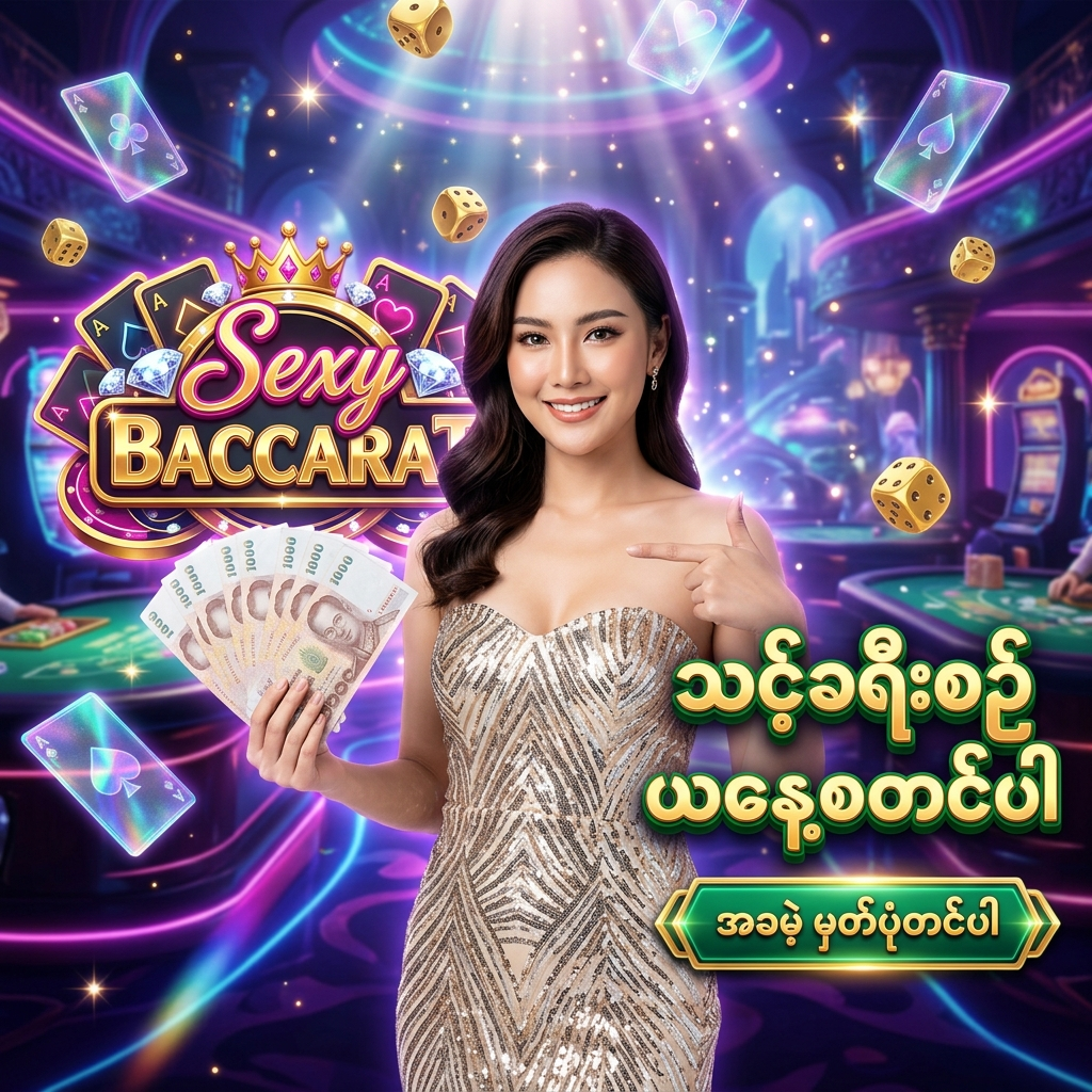 Sexy Baccarat အွန်လိုင်း ကာစီနို ဂိမ်း အတွက် အထူး ဖန်တီးထားသော ဆွဲဆောင်မှု ရှိသည့် ကြော်ငြာ ဓာတ်ပုံ ဖြစ်ပြီး၊ လှပသော အာရှ အမျိုးသမီး တင်ဆက်သူ တစ်ဦး က ထိုင်းဘတ်ငွေ များကို ကိုင်ဆောင်ကာ မြန်မာ ကစားသမား များ အတွက် 'သင့်ခရီးစဉ် ယနေ့စတင်ပါ' နှင့် 'အခမဲ့ မှတ်ပုံတင်ပါ' ဟူသော စာသား ဖြင့် ဖိတ်ခေါ် နေပုံကို ဖော်ပြထားသည်။ ဤ ပုံရိပ် သည် ကစားသမား များ အား စိတ်လှုပ်ရှားဖွယ်ရာ ကာစီနို အတွေ့အကြုံ၊ လုံခြုံစိတ်ချရသော ပလက်ဖောင်း နှင့် ထိုင်းဘတ်ငွေ အစစ်အမှန် များကို အနိုင်ရရှိ နိုင်မည့် အခွင့်အရေး များကို ပေးစွမ်း နိုင်ရန် ရည်ရွယ်ပြီး ဆွဲဆောင်မှု ရှိသော အရောင်အသွေး စုံလင်သည့် နောက်ခံ ဒီဇိုင်း ဖြင့် ပုံဖော် ထားပါသည်။
