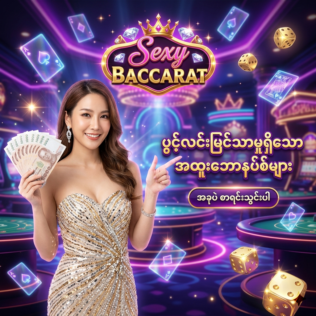 Sexy Baccarat အွန်လိုင်း ကာစီနို ဂိမ်း အတွက် အထူး ဖန်တီးထားသော ဆွဲဆောင်မှု ရှိသည့် ကြော်ငြာ ဓာတ်ပုံ ဖြစ်ပြီး၊ လှပသော အာရှ အမျိုးသမီး တင်ဆက်သူ တစ်ဦး က ထိုင်းဘတ်ငွေ များကို ကိုင်ဆောင်ကာ မြန်မာ ကစားသမား များ အတွက် 'ပွင့်လင်းမြင်သာမှုရှိသော အထူးဘောနပ်စ်များ' ဟူသော စာသား ဖြင့် ဖိတ်ခေါ် နေပုံကို ဖော်ပြထားသည်။ ဤ ပုံရိပ် သည် ကစားသမား များ အား စိတ်လှုပ်ရှားဖွယ်ရာ ကာစီနို အတွေ့အကြုံ၊ ပွင့်လင်းမြင်သာမှုရှိသော ဝန်ဆောင်မှု၊ အထူးဘောနပ်စ်များ နှင့် ထိုင်းဘတ်ငွေ အစစ်အမှန် များကို အနိုင်ရရှိ နိုင်မည့် အခွင့်အရေး များကို ပေးစွမ်း နိုင်ရန် ရည်ရွယ်ပြီး ဆွဲဆောင်မှု ရှိသော အရောင်အသွေး စုံလင်သည့် နောက်ခံ ဒီဇိုင်း ဖြင့် ပုံဖော် ထားပါသည်။